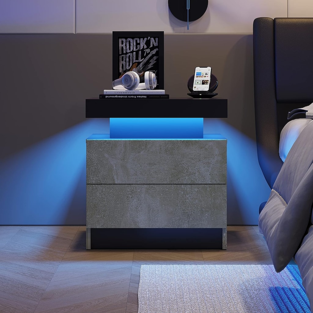 Marble Texture Finish End Table, Nightstand LED Bedside Table, End Table Adjustable LED Lights, Gray 2 Drawers Storage Cabinet