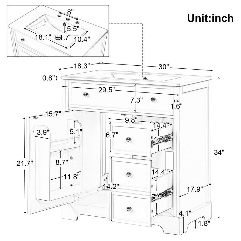 30" Freestanding Bathroom Vanity with Sink, Cabinet & Two Drawers, Water-Resistant Painted Finish