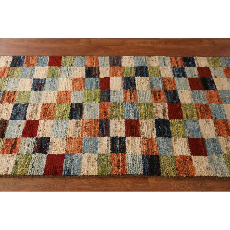 Checkered Moroccan Oriental Runner Rug Handmade Wool Carpet - 3'2" x 9'8"