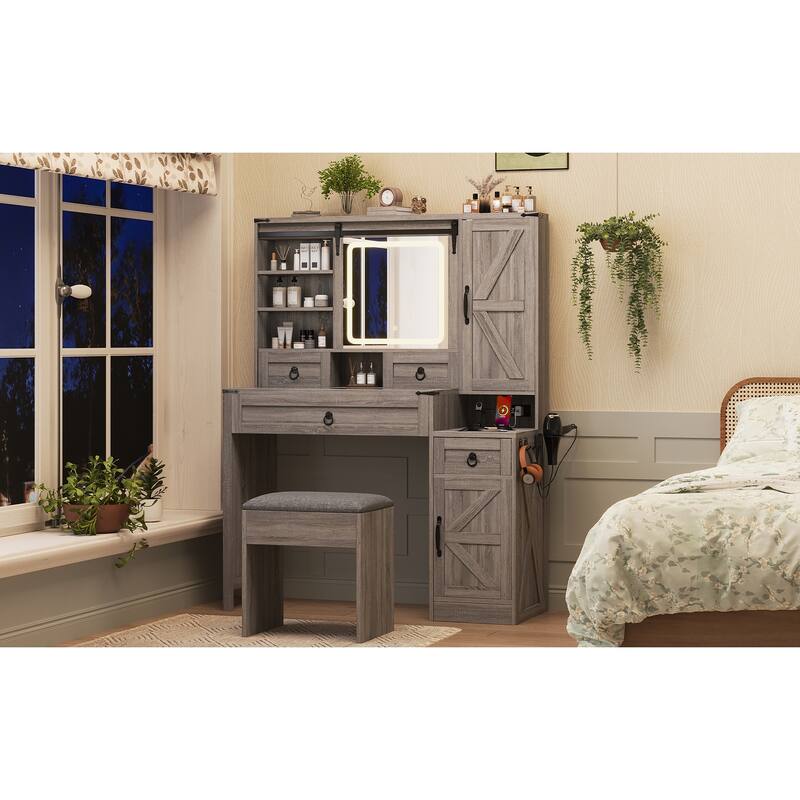 Rossetta Rustic Farmhouse Style Barn-Door look Design Vanity Desk Set with Sliding LED Lights Mirror and Matching Stool