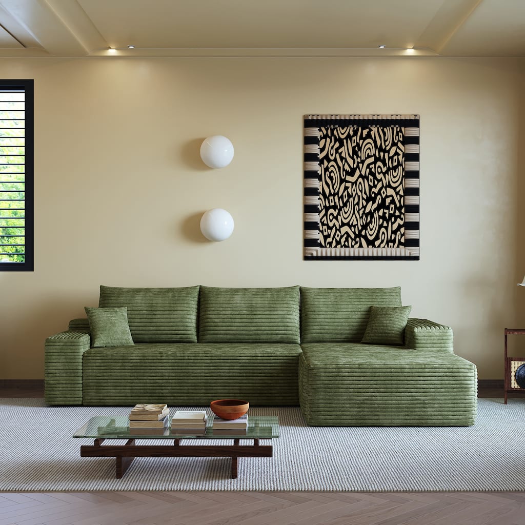 Plush Corduroy Upholstered Couch L-shaped Sectional Sofa with Chaise