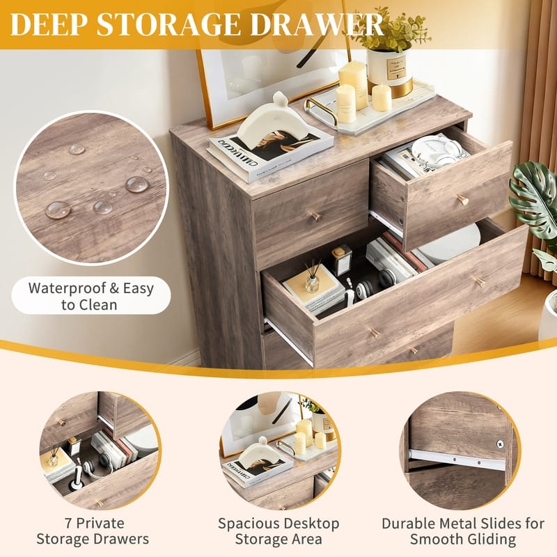 Large 7-Drawer Dresser For Bedroom And Chest Of Drawers With Sturdy Construction Wood Storage Organizer For Closet