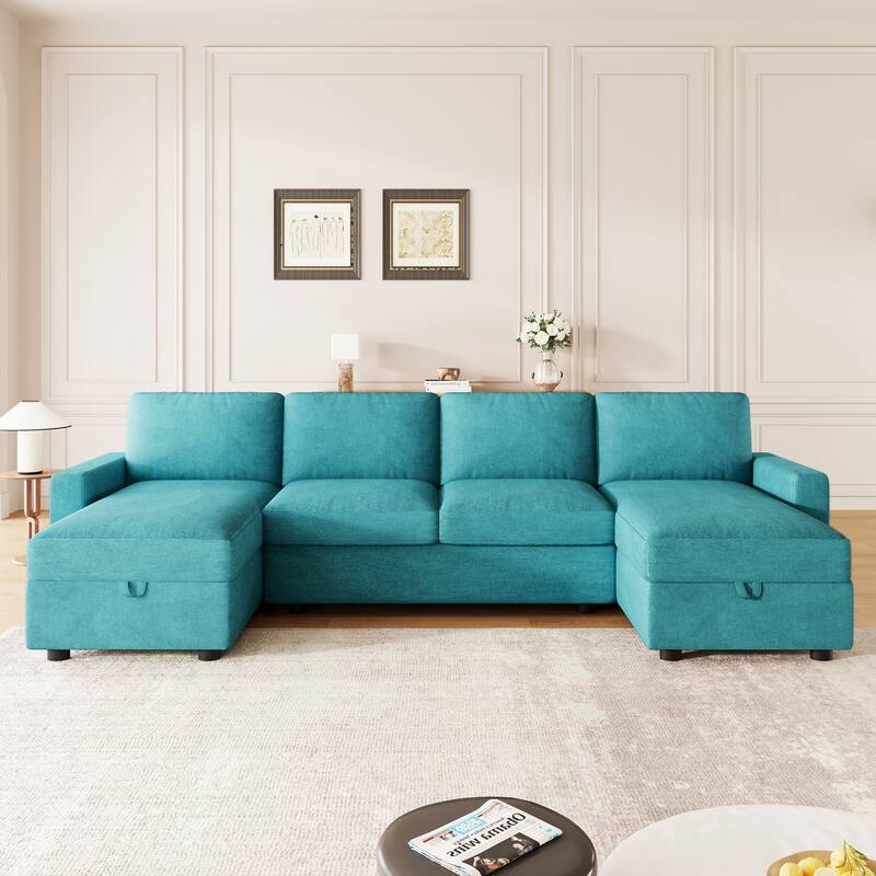 103.9" Sectional Sofa Convertible Sectional Sofa, U-shaped Sofa with Two Storage Chaise Lounges and Four USB Ports