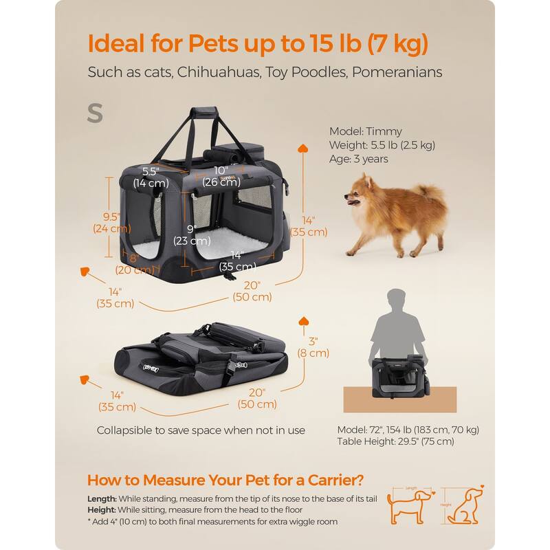 Collapsible Pet Carrier, Oxford Fabric, Mesh, Metal Frame, With Handle, Storage Pockets