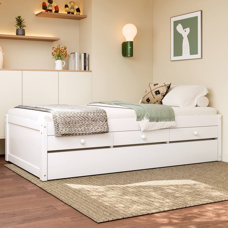 Platform Bed with Pull-out Trundle and Dual Storage Drawers, Built-in Power Strip, Wooden Bed Frame, No Box Spring Needed
