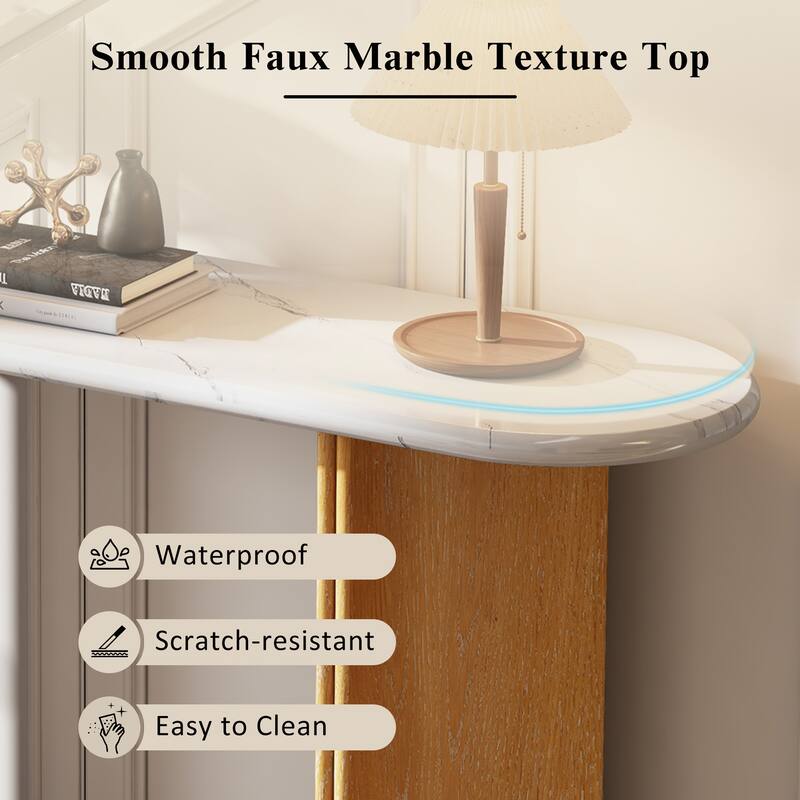 Oval Console Table with Faux Marble Texture Top, Wooden Base Design Entryway Table Hallway Accent Table for Living Room
