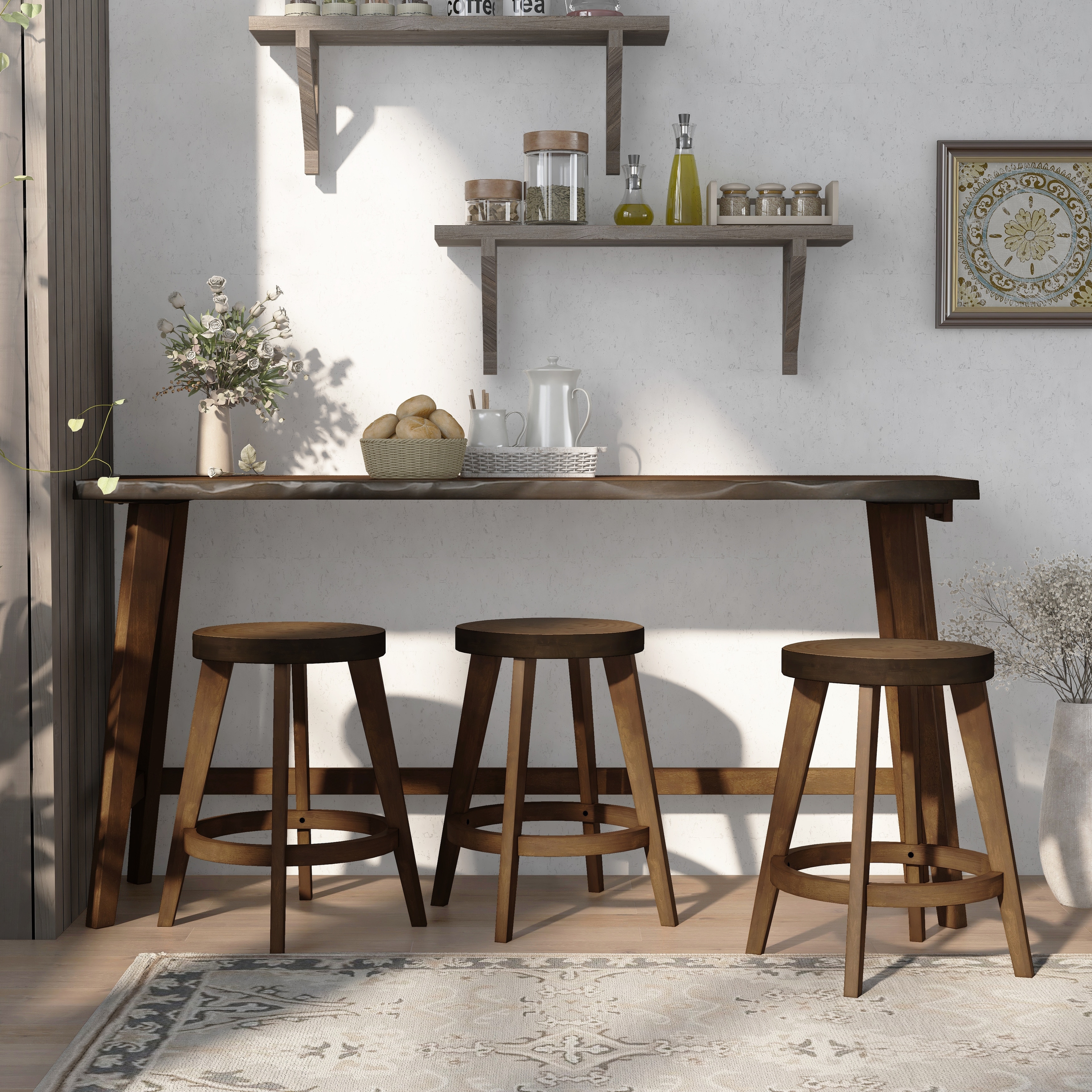Dewl Farmhouse Walnut Wood 4 Piece Counter Height Table Set by