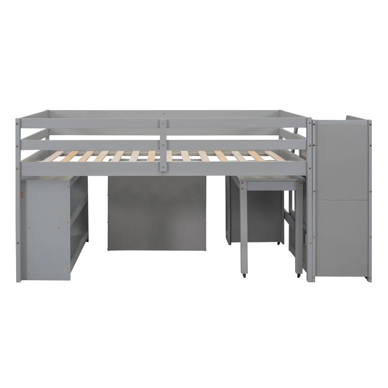 Full Size Loft Bed with Retractable Desk, Storage Stairs, and Shelves, Gray