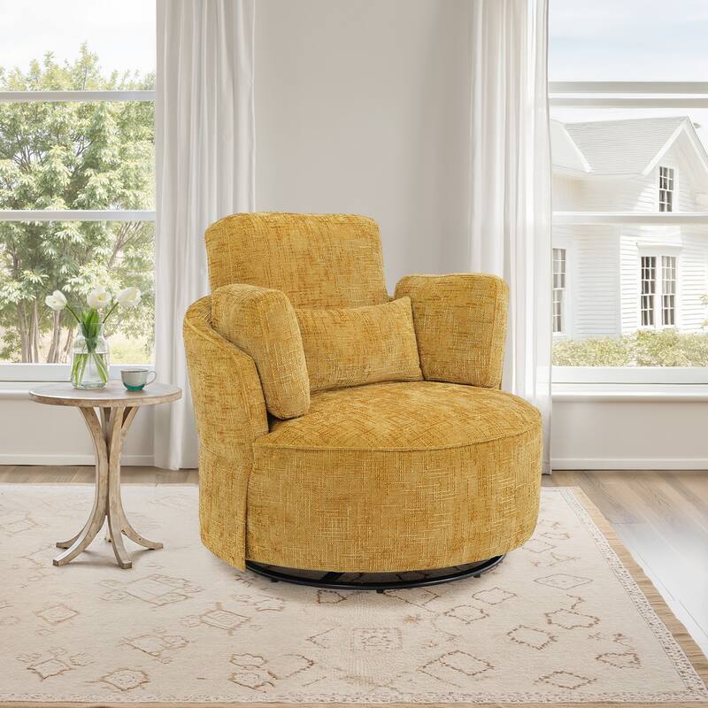 Upholstered Swivel Barrel Accent Chair Metal Frame with Flared Arms and Pillows - Yellow