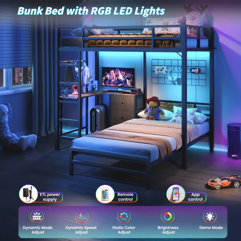 Metal Bunk Bed with Folding Table, 3 Storage Drawers, LED Lights & USB Ports