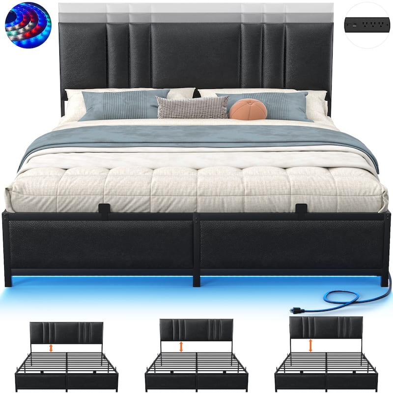 Upholstered Bed Frame with Height Adjustable Headboard,with RGB LED Light and Charging Hub