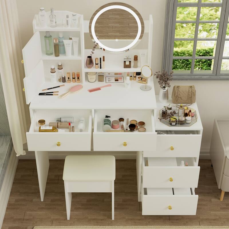 White Makeup Vanity Desk with LED Mirror 3 Lighting Options Multi-Storage Drawers Included Stool - 52.4”H