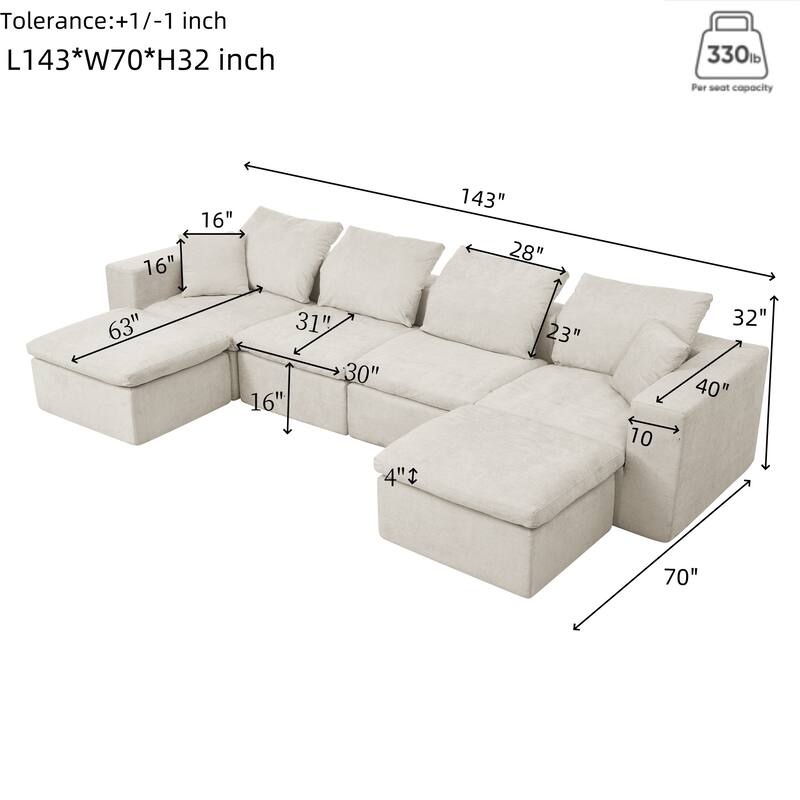 143" Chenille U-Shaped Modular Sectional Sofa with Comfy Chaise, Deep-Seat Design, No Assembly Required