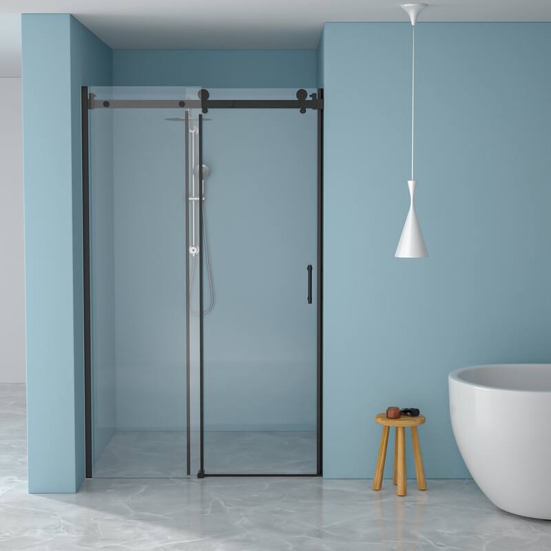 48"W x 76"H Semi-Frameless Single Sliding Shower Door - 48'' x 0.32'' x 76'' - Matte Black