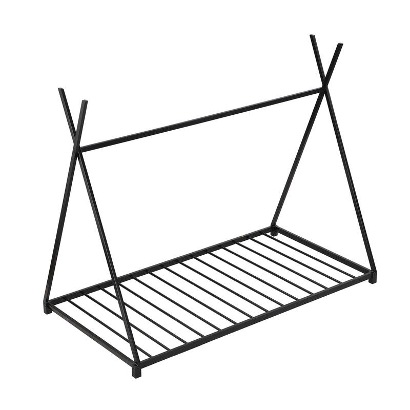 Twin Size Metal House Platform Bed Frame with Triangle Structure, Safety Railings and No Box Spring Needed Bedroom Furniture