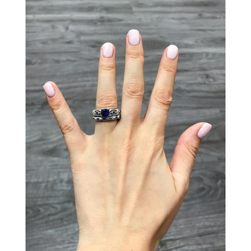 Miadora 10k White Gold Created Blue Sapphire 1/10ct TDW Diamond Vintage Bridal Set