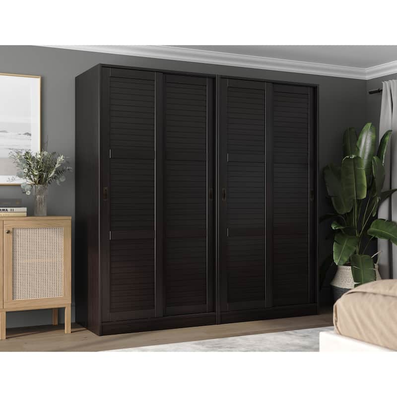Palace Imports 100% Solid Wood Wall Closet System of Wardrobe Armoires with Mirrored, Louvered or Raised Panel Sliding Doors