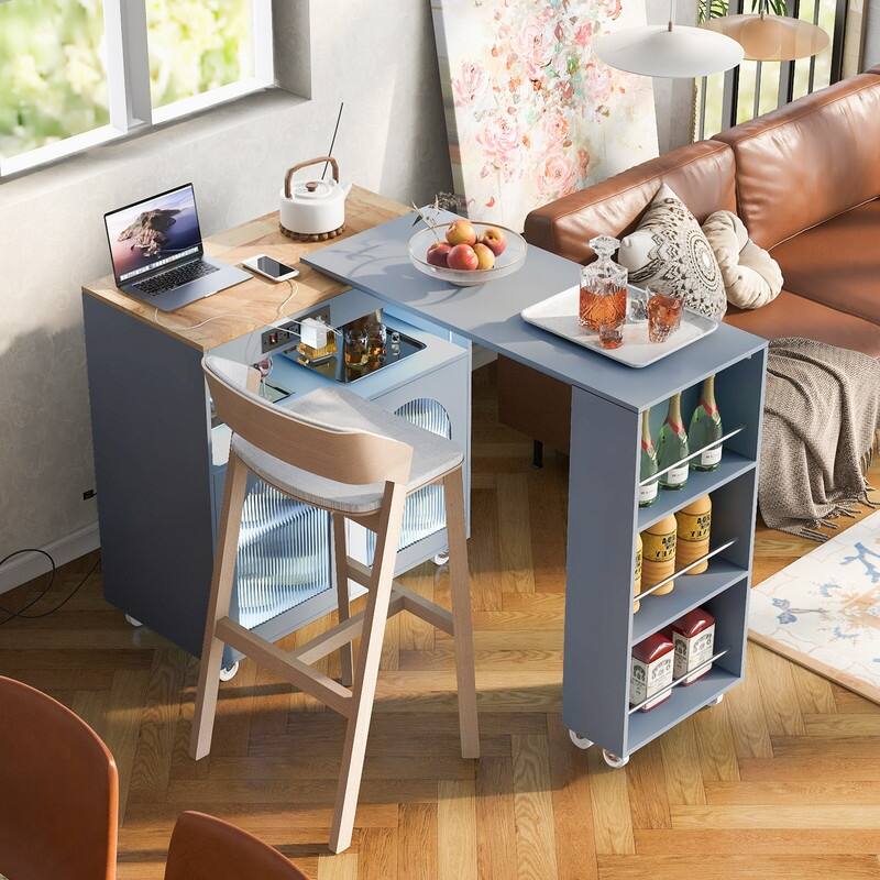 Rolling Kitchen Island With Extension Table, Power Outlet