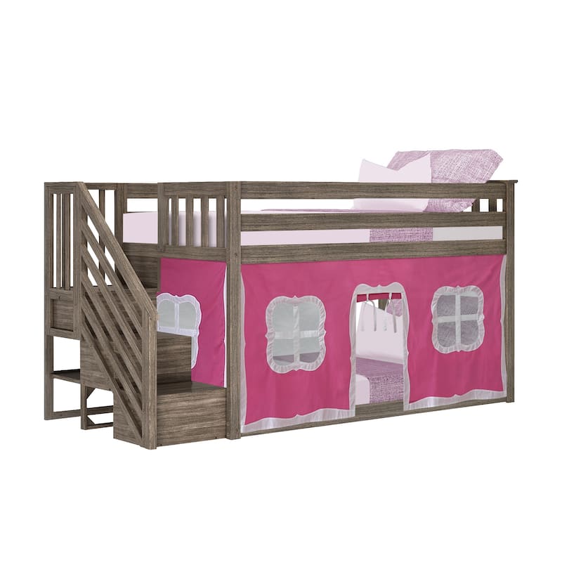 Max and Lily Twin over Twin Low Bunk Bed with Staircase and Curtains