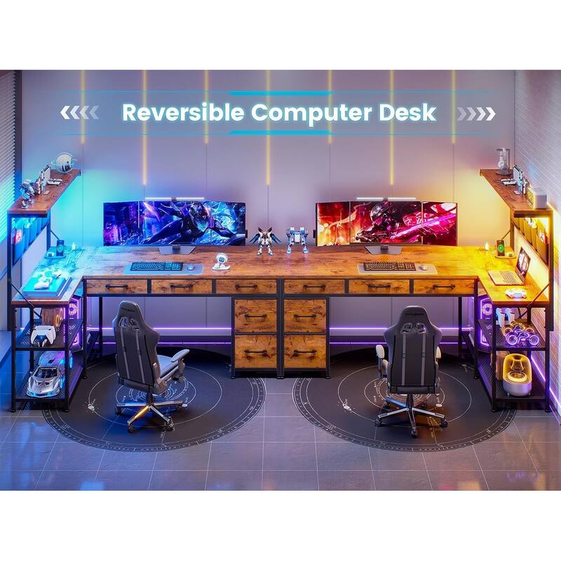 L Shaped Computer Desk 5 fabric Drawers Gaming Desk Storage Shelf