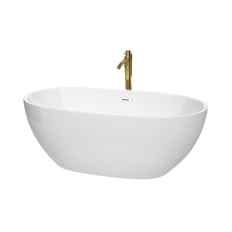 Wyndham Collection Juno 63" Freestanding Soaking Tub with Tub Filler - White / Shiny White Trim / Brushed Gold Faucet