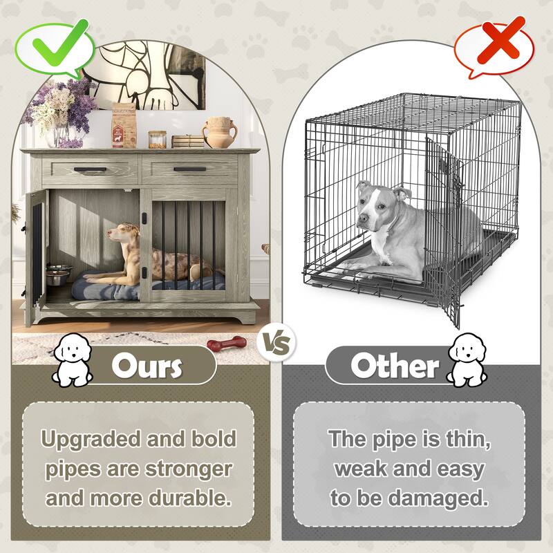 2 Doors Decorative Pet Cage Dog House with 2 Storage Drawers and Rotating Bowls, Wooden Large Dog Crate Furniture