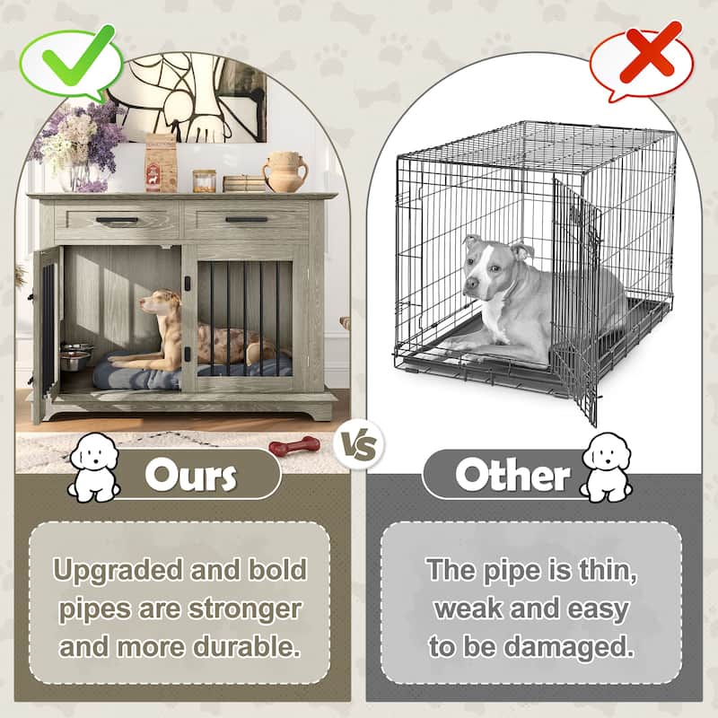 Rossetta 4-Lock Large Indoor Wooden Dog Chew-Resistant Build Dog Crate Furniture with Storage Drawers, Rotatable Dog Bowls