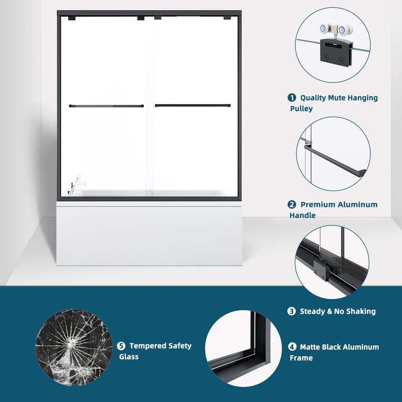 Elegant Double Sliding Shower Door with 1/4 inch Clear Tempered Glass in Matte Black Tub Door