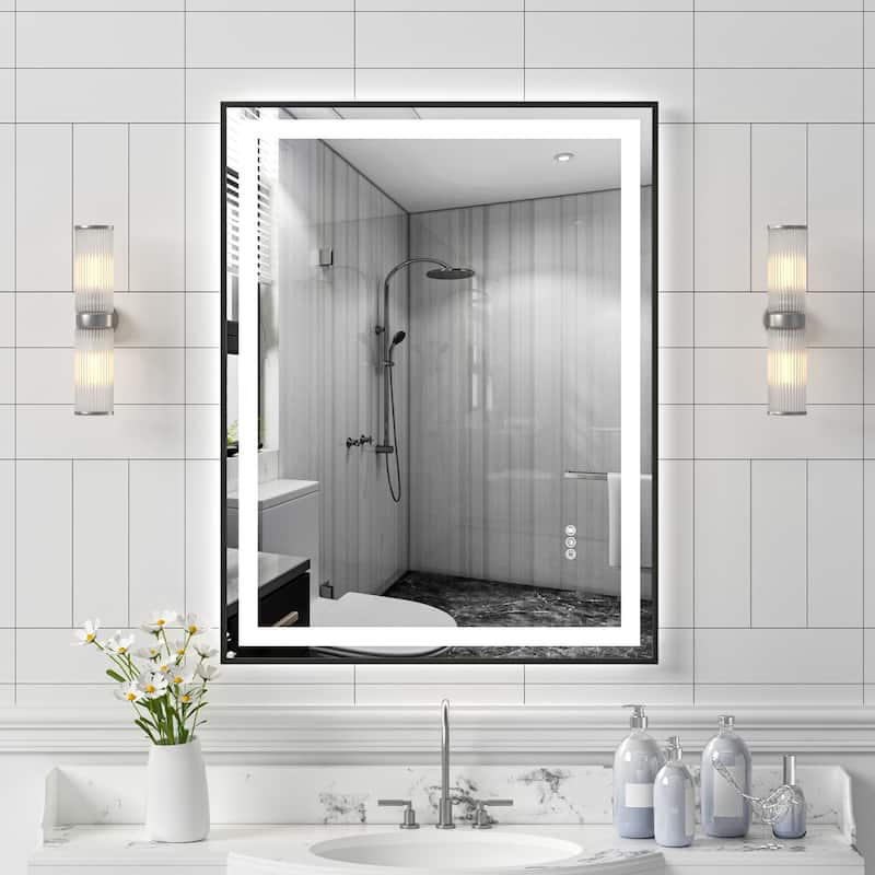Black LED Bathroom Mirror with Tempered Glass, Anti-Fog, Dimmable - 36" W x 28" H