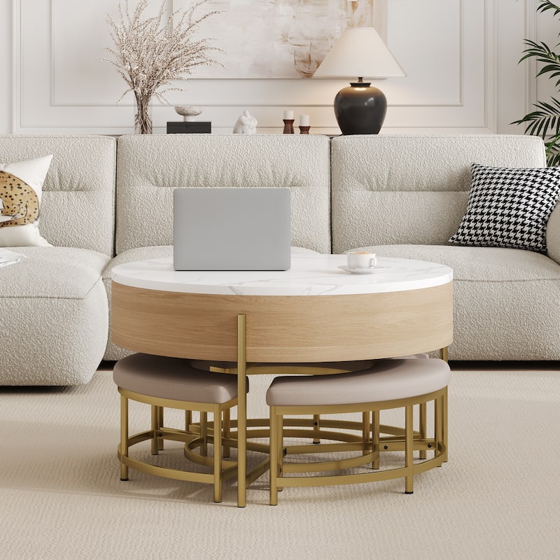 Modern Round Coffee Table Set with Lift-Top, Dining Table Set with Hidden Storage and 3 Ottomans