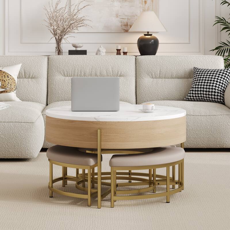 Modern Round Lift-Top Coffee Table with Storage & 3 Ottoman