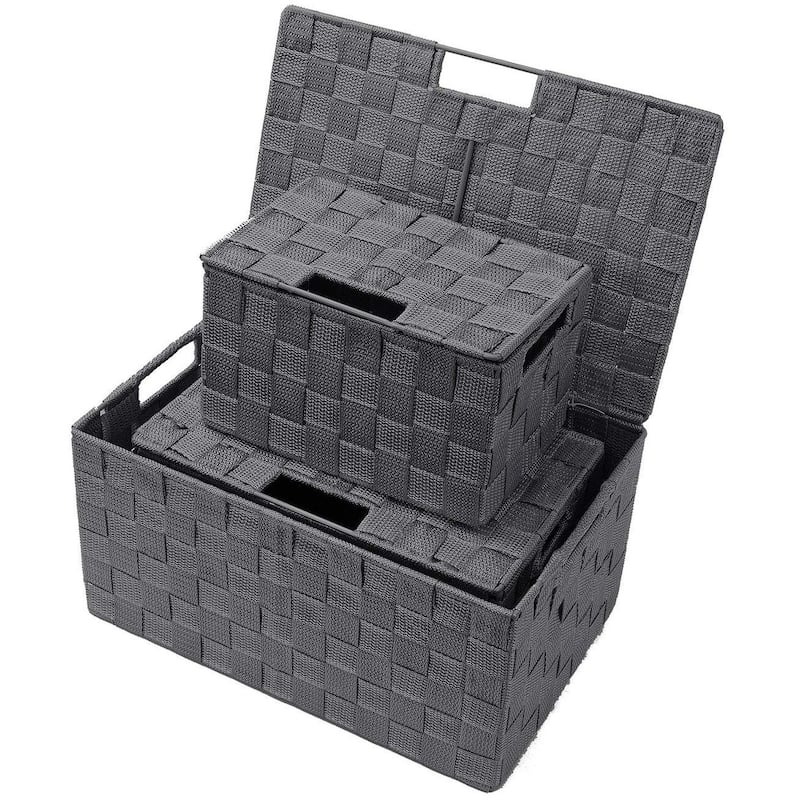 Storage Box Woven Basket Bin Container Tote Cube Organizer Set Stackable Shelf Organizer Built-in Carry Handles (3-Piece)