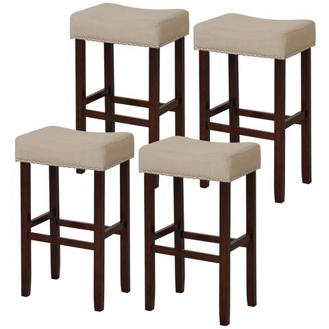 Gymax Set of 4 Bar Stools Bar Height Saddle Kitchen Chairs w/ Wooden