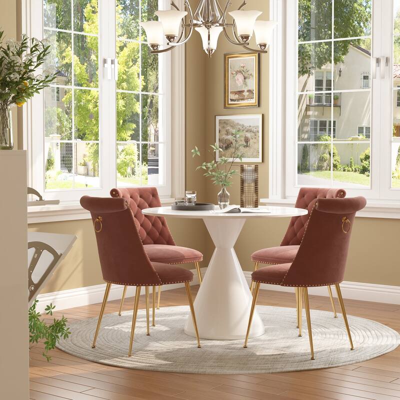 48" Light Luxury White High Gloss Large Countertop Dining Table with Velvet Dining Chair Set