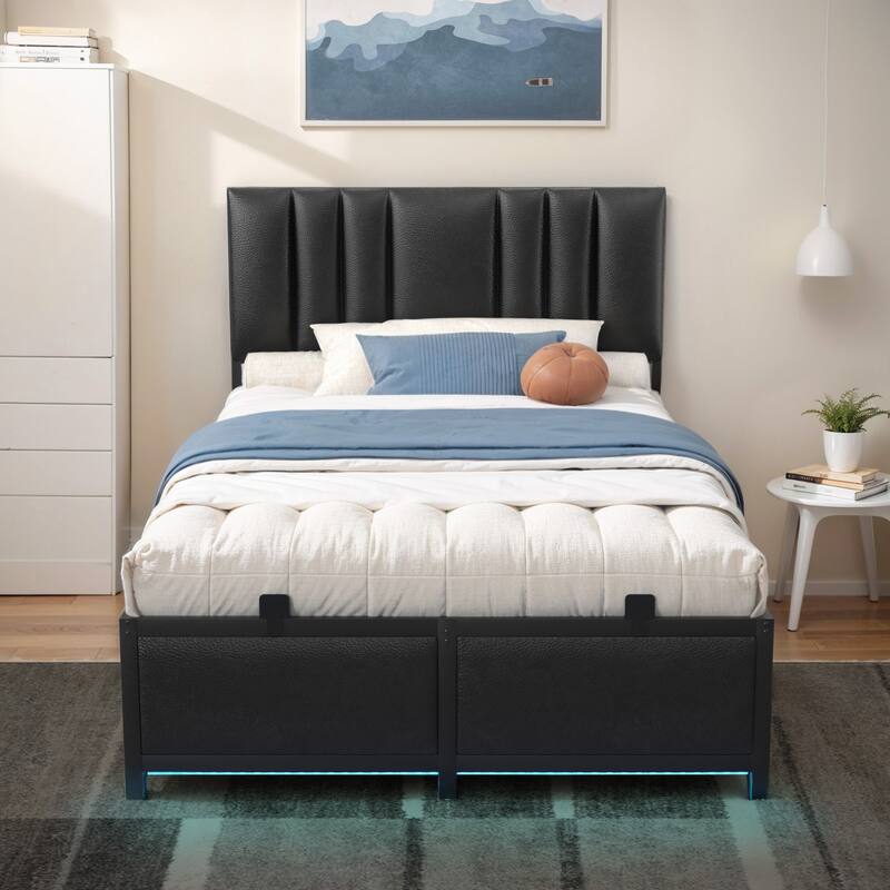 Upholstered Bed Frame with Height Adjustable Headboard,with RGB LED Light and Charging Hub