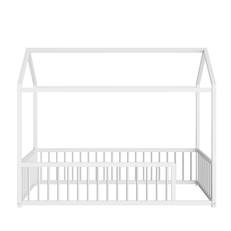 Montessori Metal House Bed with Low Entry & 3-Side Fence by Harper&Bright Designs