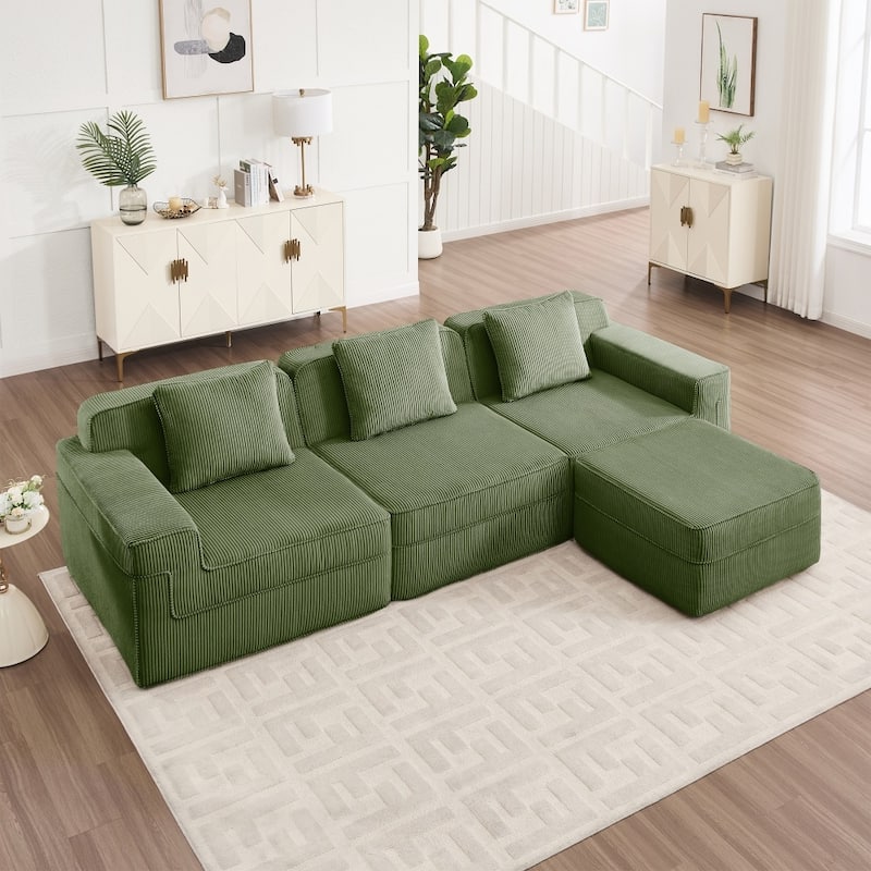 Modular L-shaped Deep Seat Boneless Cloud Sectional Sofa with Throw Pillows & Ottoman