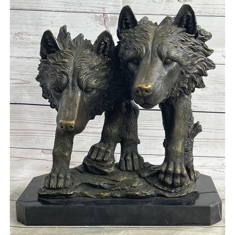 Dual Imitative Wolf Bust Sculpture Statue Two Wolves Bronze Metal Decor Signed Original