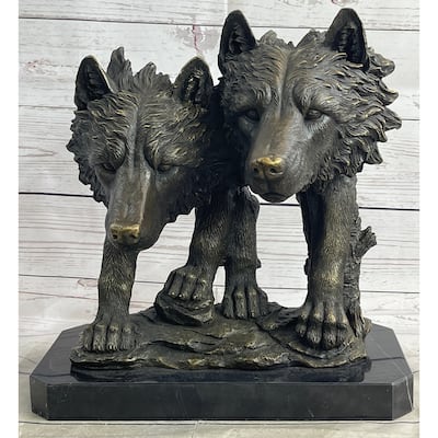 Dual Imitative Wolf Bust Sculpture Statue Two Wolves Bronze Metal Decor Signed Original