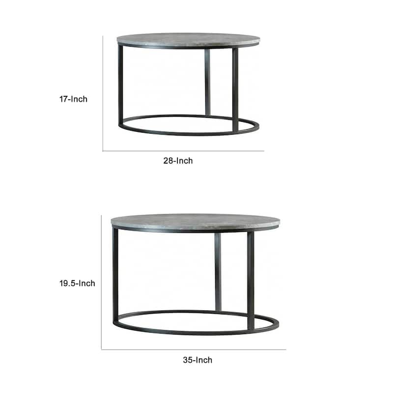 35 Inch 2 Piece Nesting Coffee Table Set, Round Gray Faux Marble Tabletop