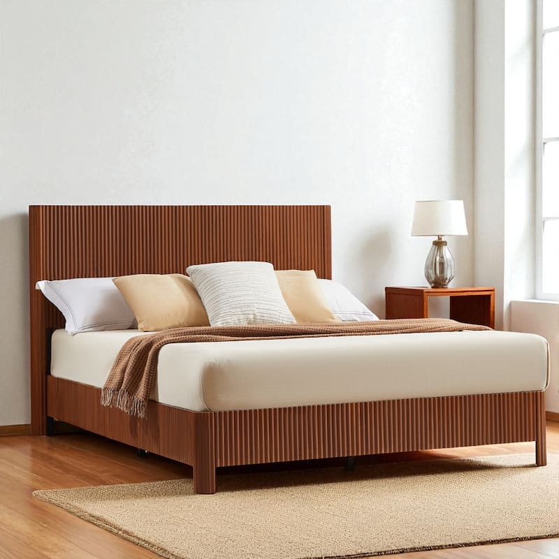 Queen Size Wooden Bed Frame with Corrugated Curved Headboard, Heavy-Duty Metal Support, No Box Spring Needed
