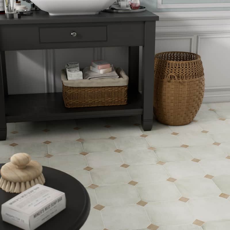 Merola Tile Laverton Octagon Nieve with Taco Beige 7-7/8" x 7-7/8" Porcelain Floor and Wall Tile
