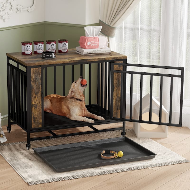 GDFStudio - Kary Wooden Dog Crate Furniture with Iron Door and Tray for Medium/Small Dogs - Vintage Wooden (bigger)