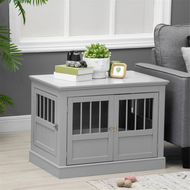 Dog Crate Table with French Doors and Magnetic Closure - Grey