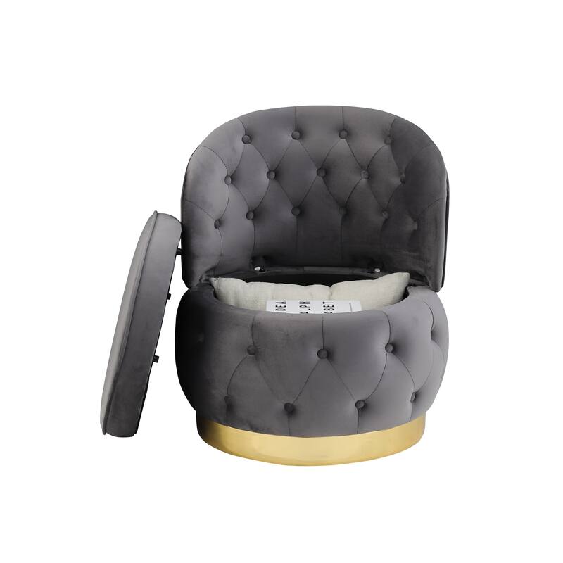 Modern 25.2" Velvet 360° Swivel Buttons Tufted Barrel Chair with Gold Stainless Steel Base and Storage
