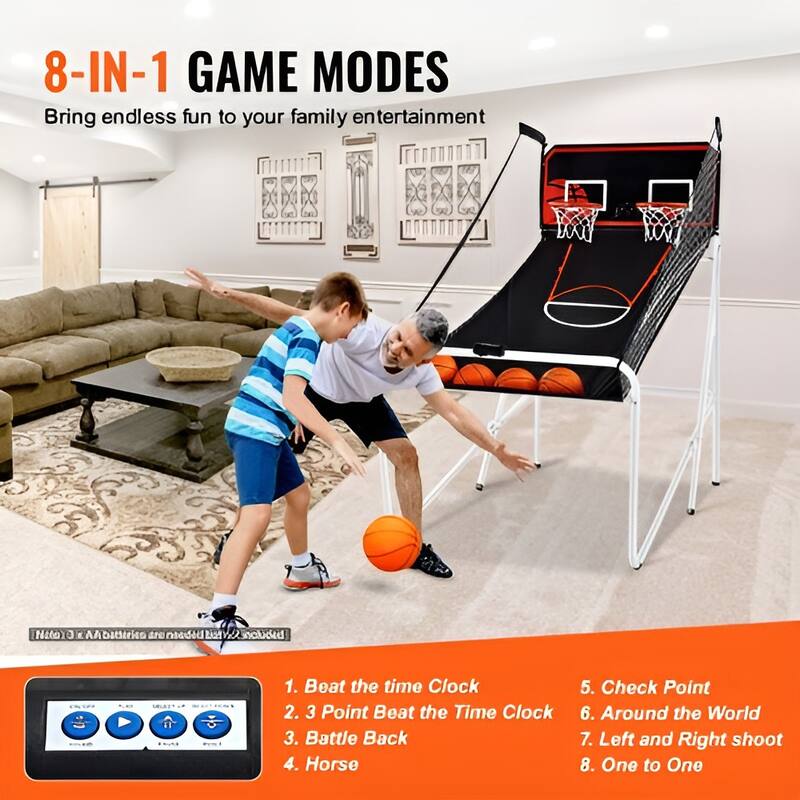 Black-White Steel Dual Hoop Basketball Arcade Game with 8 Games and Foldable Frame - 82” L x 44” W x 81” H