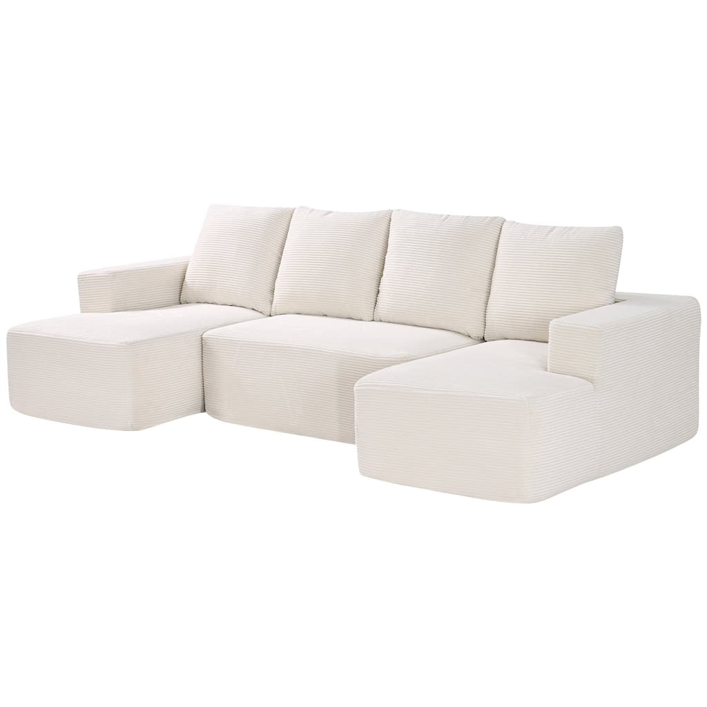 Beige Corduroy Fabric Modular Sofa with Wide Armrests, Deep Seats and U-Shape Design - 100.7” L x 49.6” W x 22.4” H