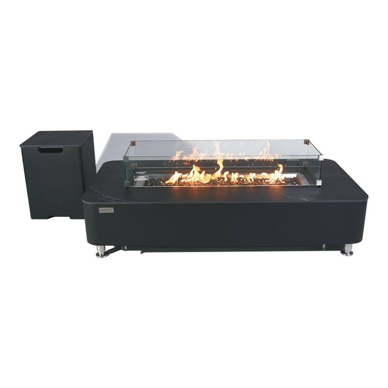 Elementi Plus Valencia Outdoor Fire Pit Table Concrete Rectangular 60000 BTU - 62 x 30 inches with Lid, Fire Glass, and Cover