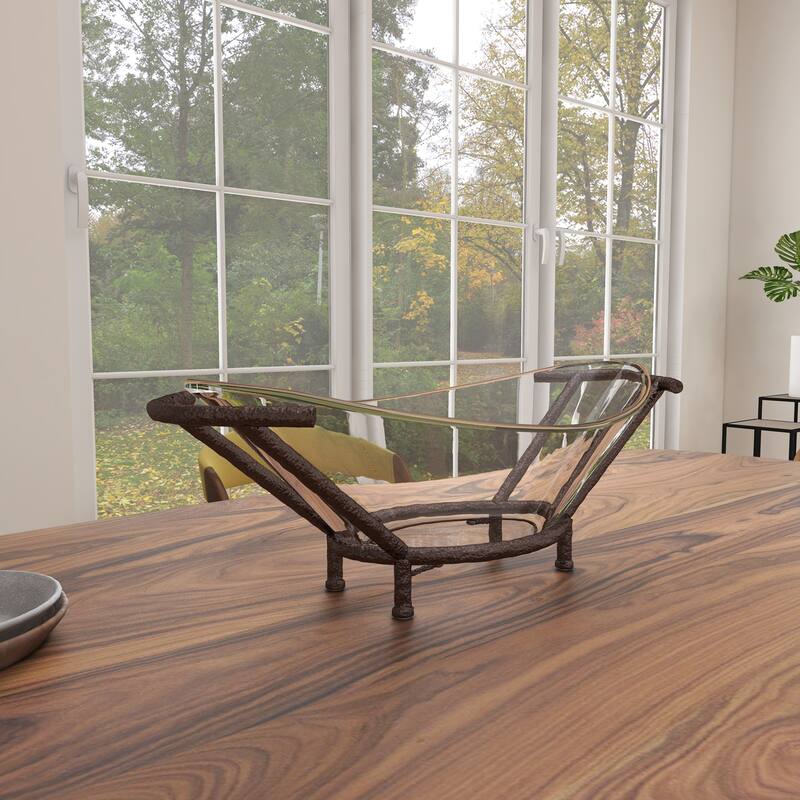 Tempered Glass Kitchen Serving Bowl with Brown Metal Base - Clear - Roche River Decor