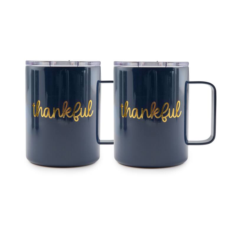 Cambridge Silversmiths Set of 2 -16oz Navy "Thankful" Insulated Coffee Mugs
